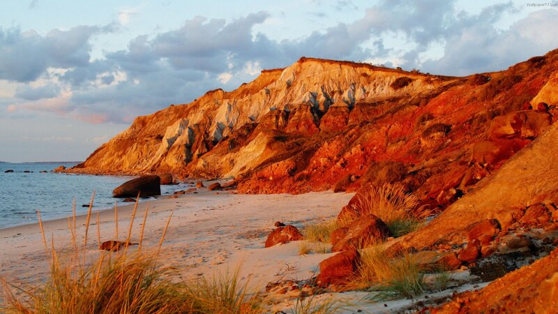 Cliffside Beach at Sunset — Orange, Serene, Photograph
