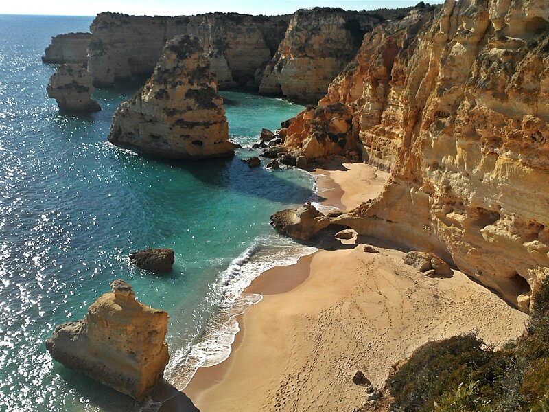 Cliffside Beach Cove — Blue, Serene, Afternoon, Photograph, Ocean, Sand