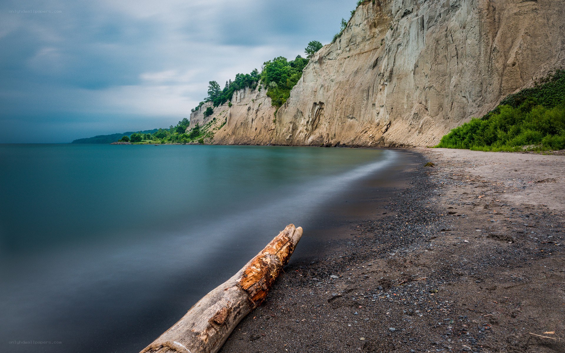 Cliffside beach with driftwood