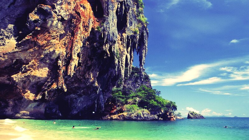 Cliffside Beach with Swimmers — Blue