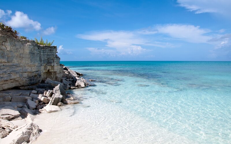 Cliffside Beach with Turquoise Water — Blue, Serene, Afternoon