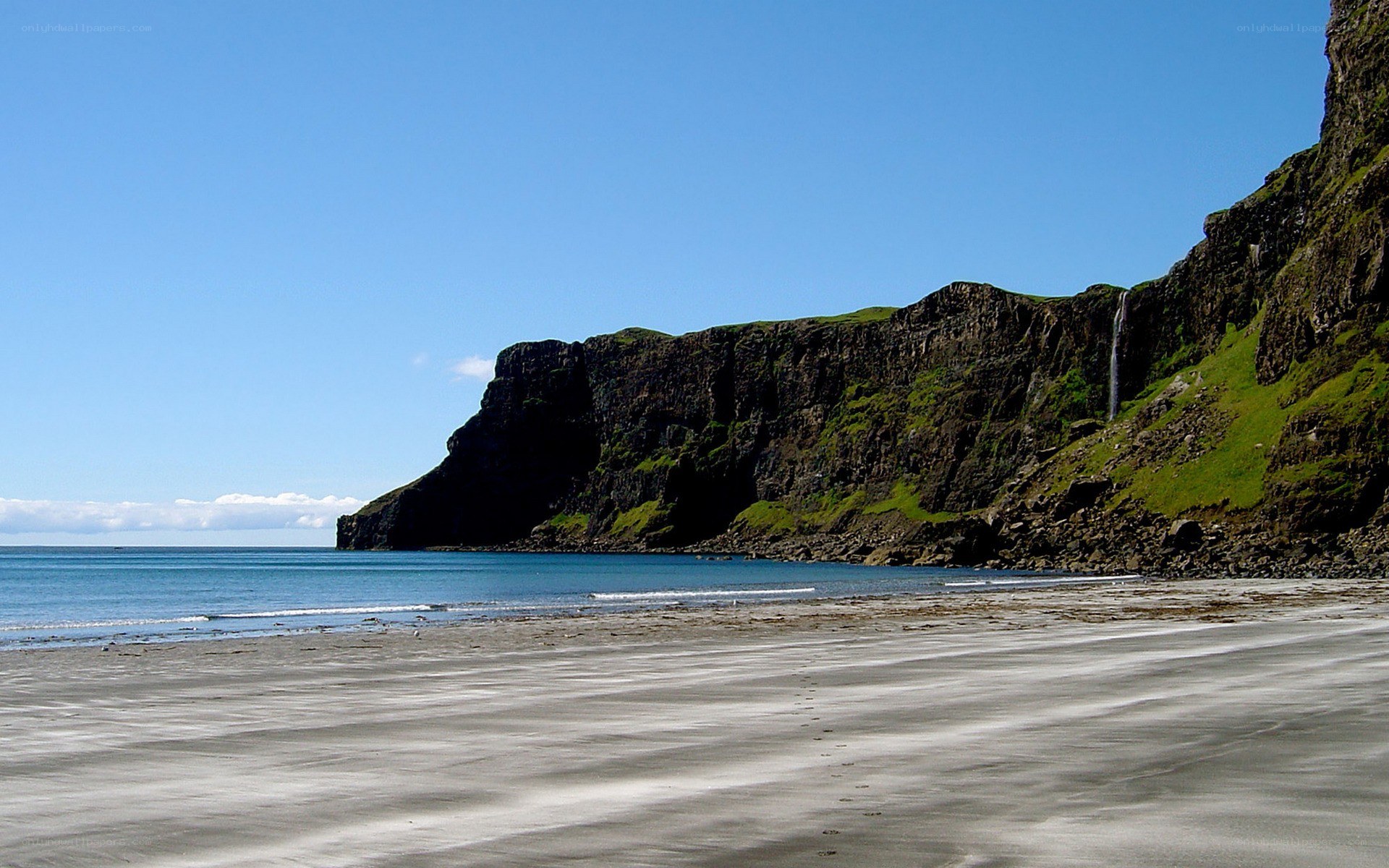 cliffside beach with waterfall