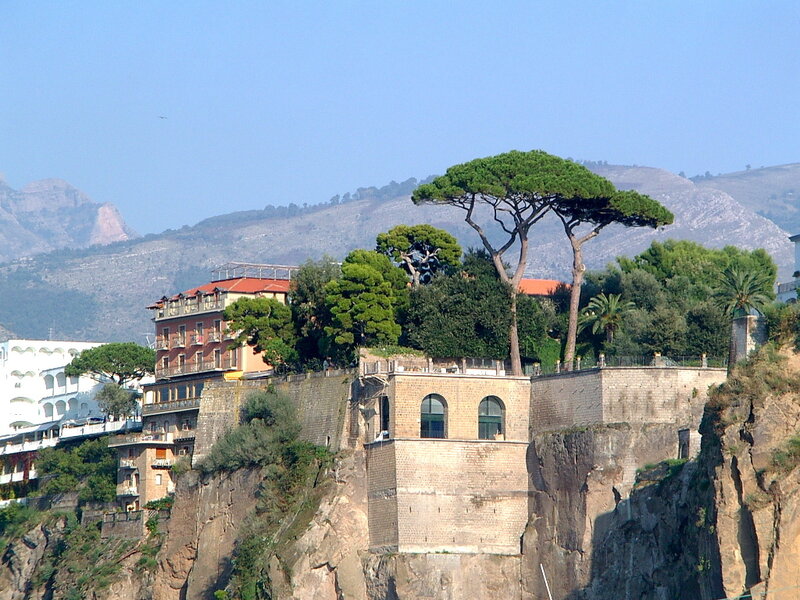 Cliffside buildings with pine trees