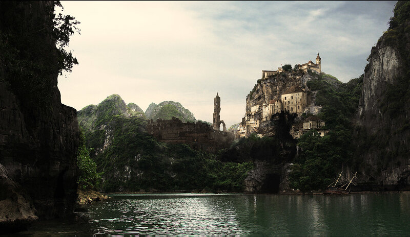 cliffside castle by the river