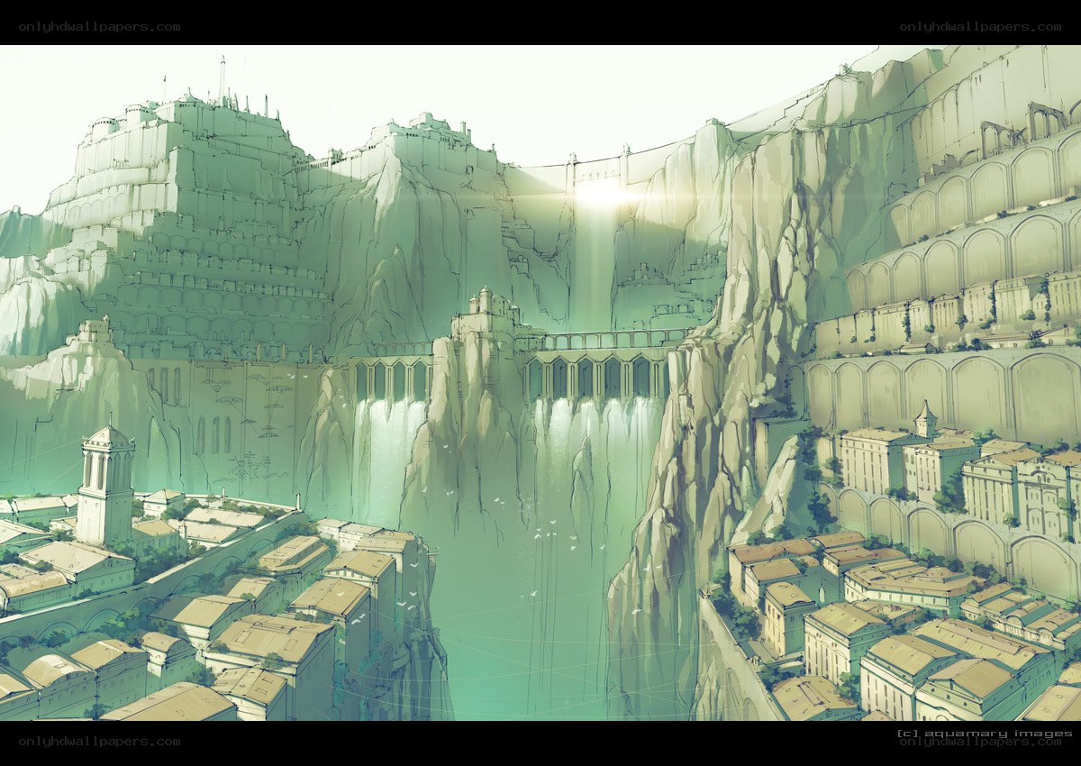 cliffside city with waterfall