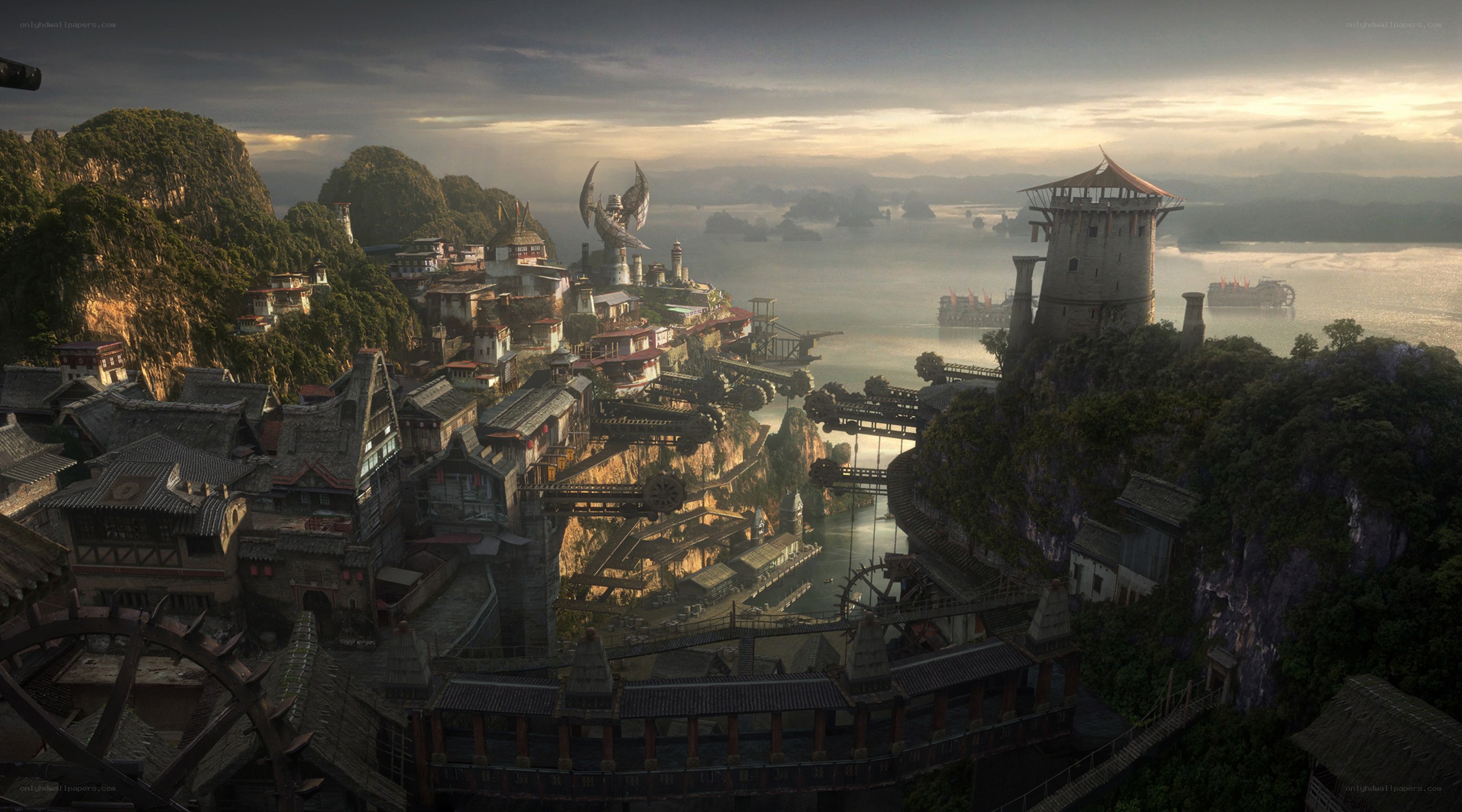 cliffside coastal city at dusk