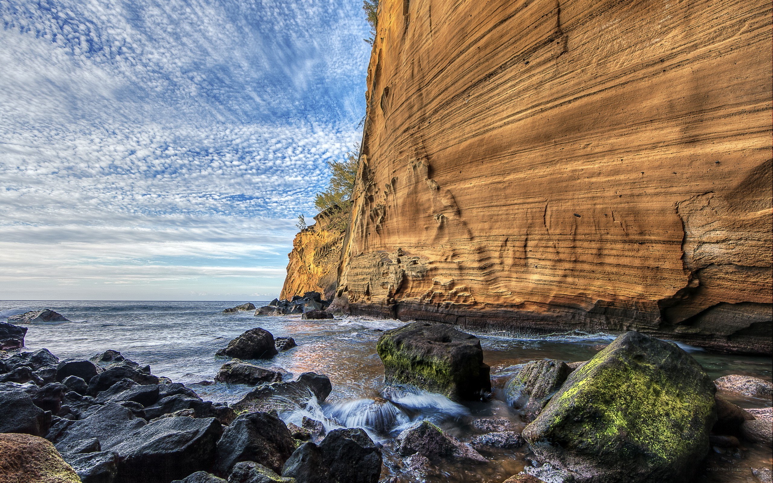 Cliffside coastal scene with layered rock