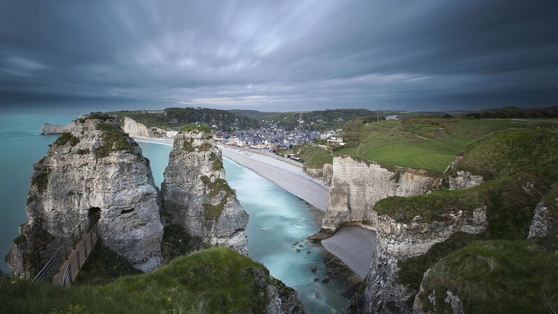 Cliffside Coastal Town — Blue, Dramatic, Afternoon, Photograph