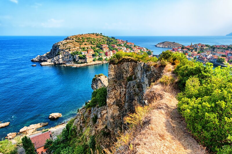 Cliffside Coastal Town — Blue, Serene, Afternoon