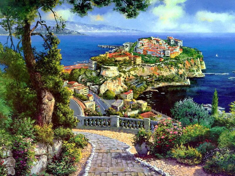 Cliffside Coastal Town — Blue, Serene