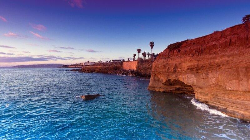 Cliffside Coastline at Dusk — Blue, Serene, Sunset