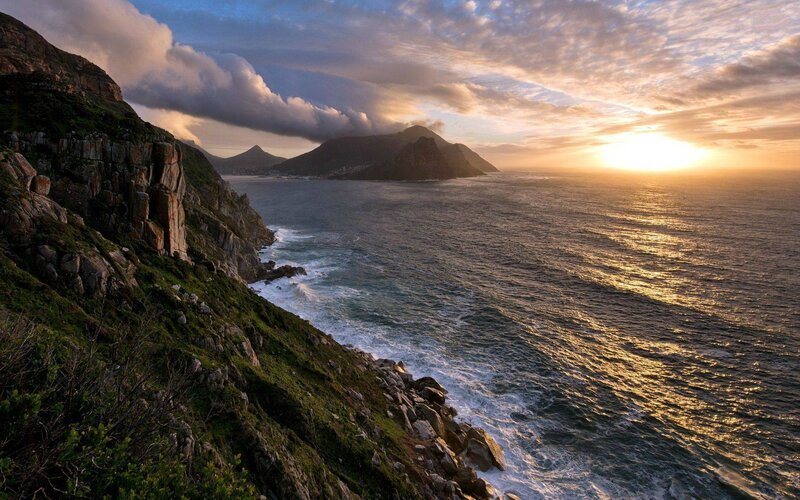 Cliffside Coastline at Sunset — Blue, Dramatic, Photograph, Ocean, Mountains