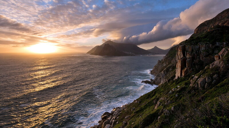 Cliffside Coastline at Sunset — Blue, Dramatic, Photograph, Ocean