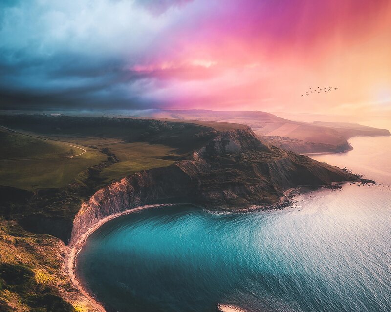 Cliffside Coastline at Sunset — Pink, Dramatic