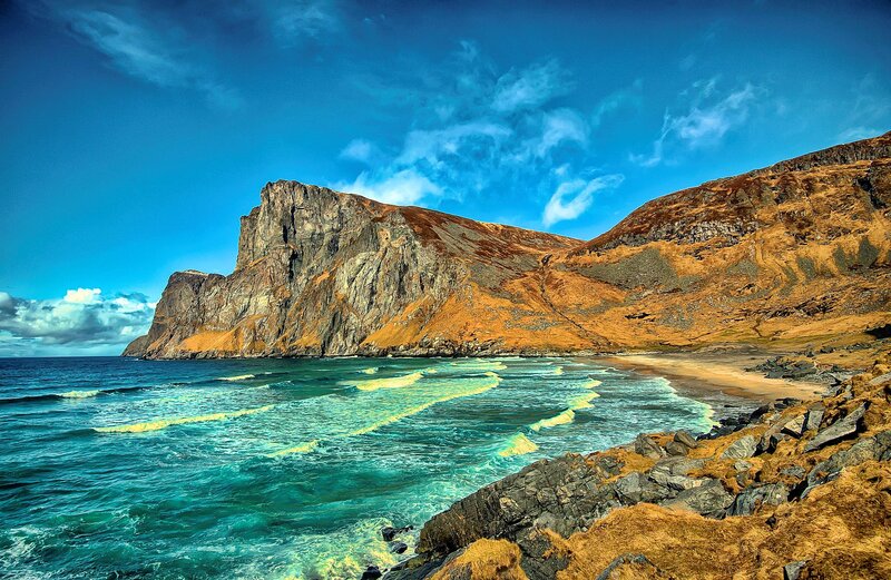 Cliffside Coastline — Blue, Dramatic, Afternoon, Photograph, Ocean, Beach