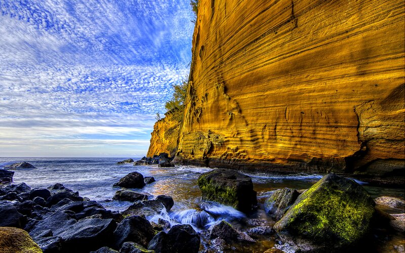 Cliffside Coastline — Blue, Dramatic, Afternoon, Photograph, Ocean, Rocks