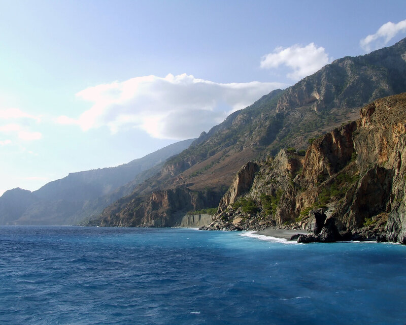Cliffside Coastline — Blue, Serene, Afternoon, Photograph, Mountain, Sea, Cloud, Brown