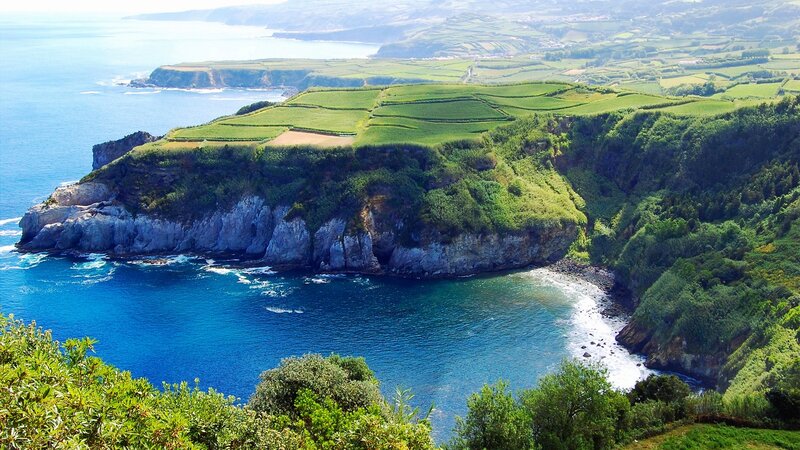Cliffside Coastline — Blue, Serene, Afternoon, Photograph, Ocean, Green Fields