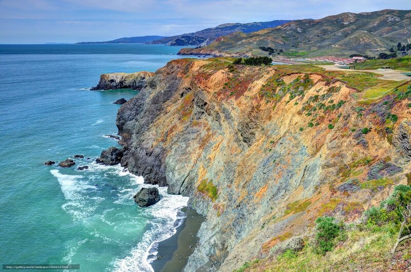 Cliffside Coastline — Blue, Serene, Afternoon, Photograph, Ocean, Hills, Buildings