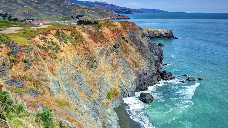 Cliffside Coastline — Blue, Serene, Afternoon, Photograph, Ocean, Rocks, Hills