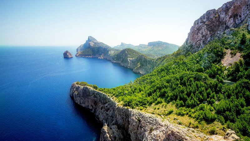 Cliffside Coastline — Blue, Serene, Afternoon, Photograph, Sea, Mountain, Trees
