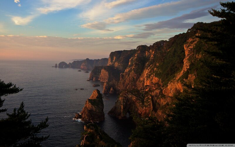 Cliffside Coastline — Blue, Serene, Sunset