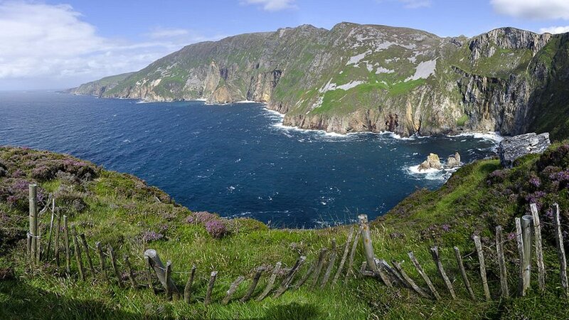 Cliffside Coastline — Green, Serene, Afternoon, Photograph, Ocean, Fence