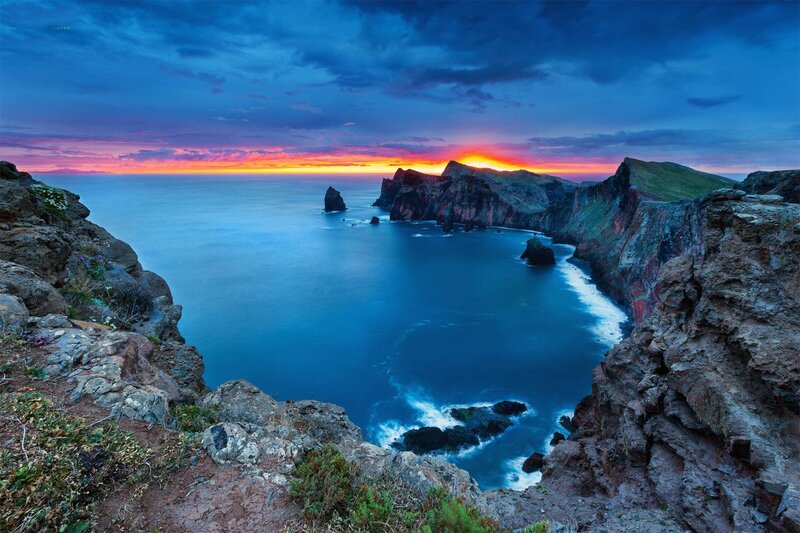 Cliffside Cove at Sunset — Blue, Dramatic, Photograph, Ocean