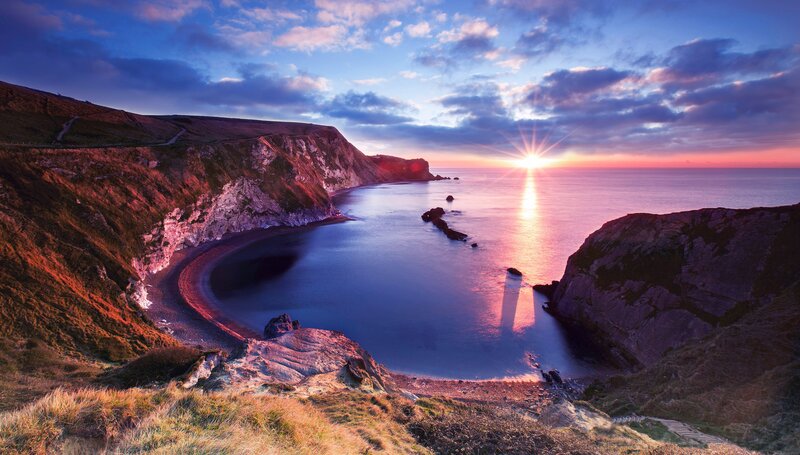 Cliffside Cove at Sunset — Blue, Dramatic, Photograph