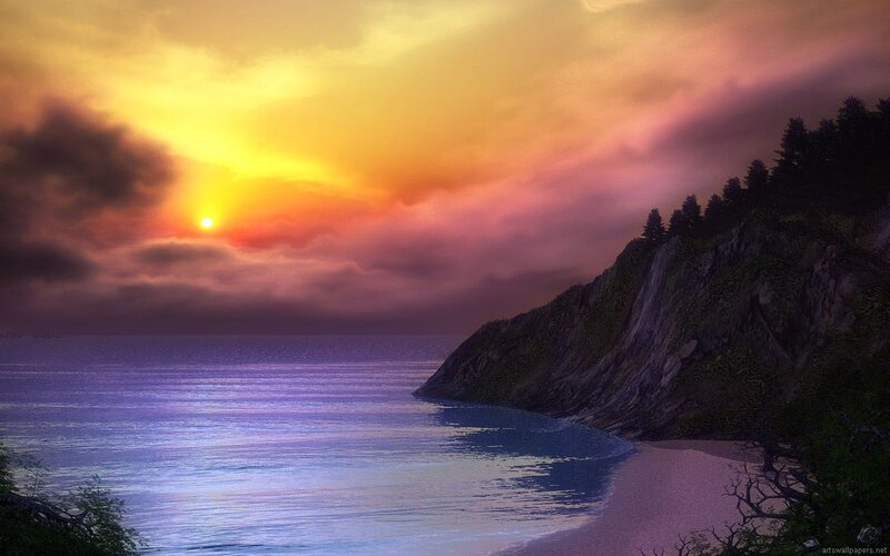 Cliffside Cove at Sunset — Purple, Dramatic, Digital Art