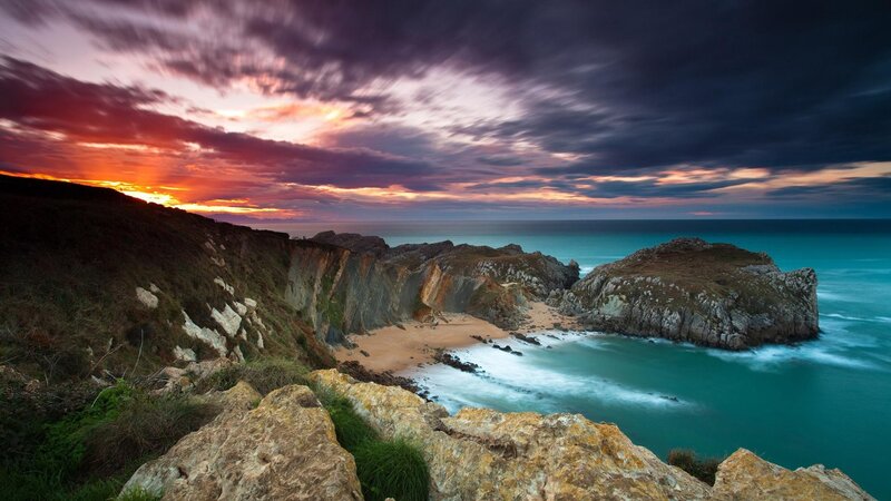 Cliffside Cove at Sunset — Purple, Dramatic, Photograph, Ocean, Beach, Clouds