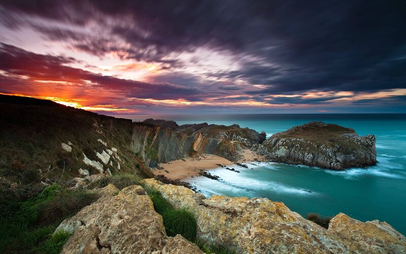 Cliffside Cove at Sunset — Purple, Dramatic, Photograph, Ocean, Beach