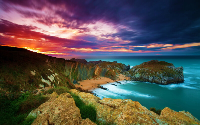 Cliffside Cove at Sunset — Purple, Dramatic, Photograph
