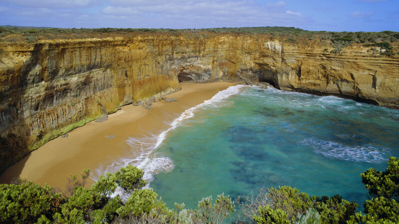 Cliffside Cove Beach — Blue, Serene, Afternoon, Photograph, Sand