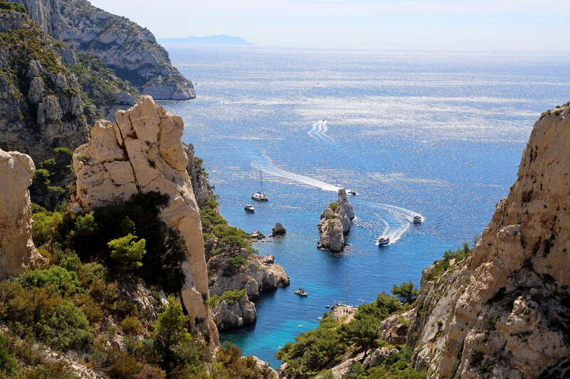 Cliffside Cove with Boats — Blue