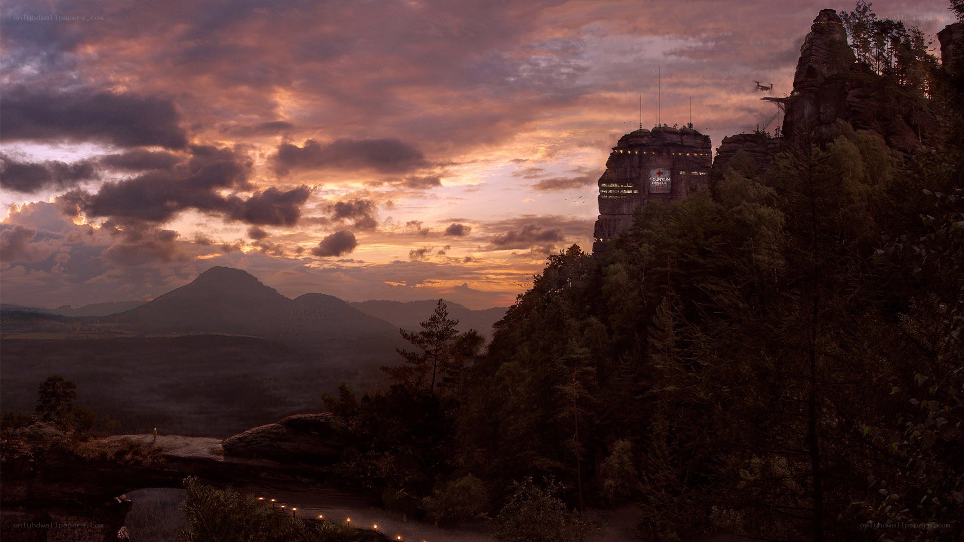 cliffside fortress at sunset