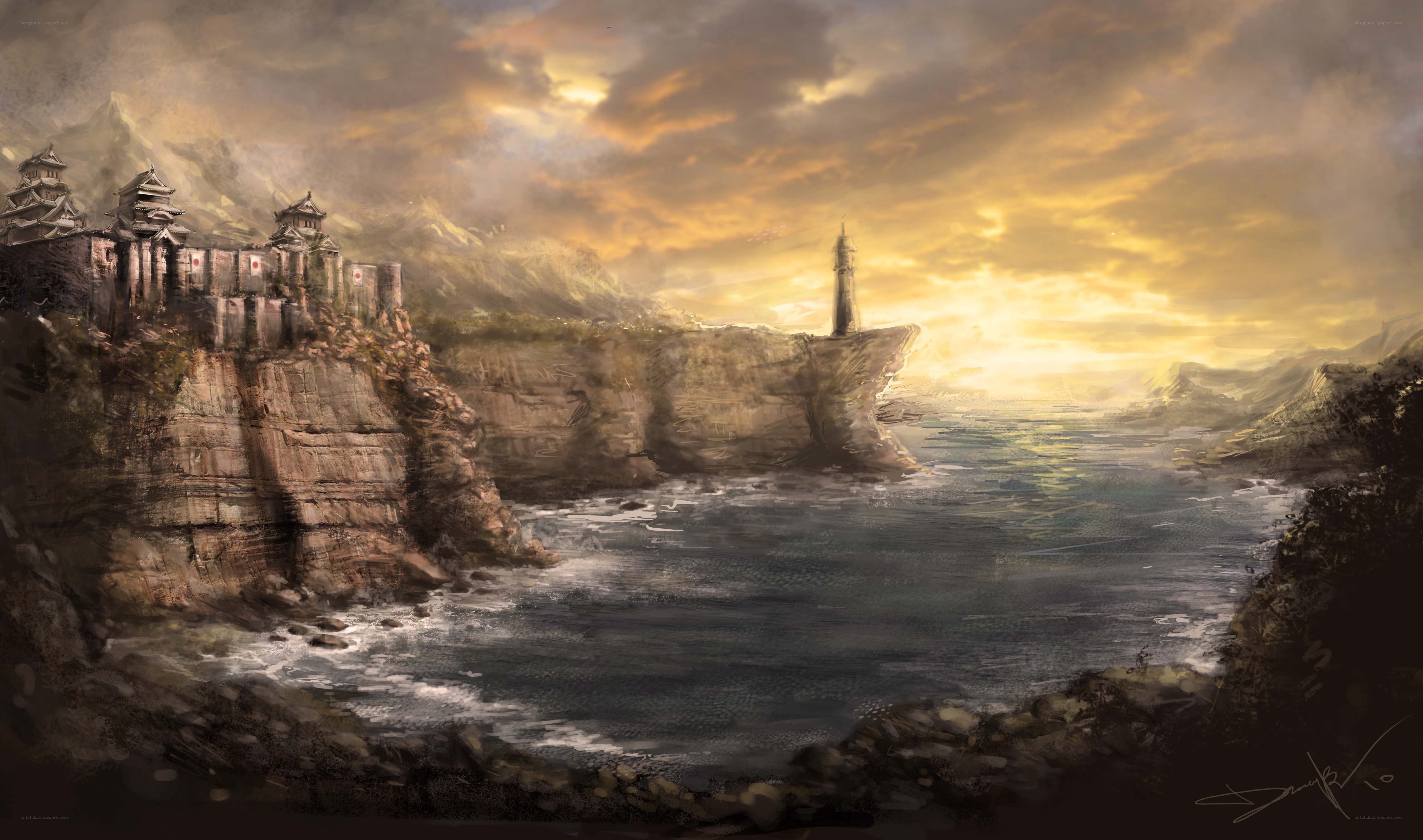 cliffside fortress at sunset