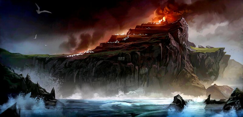 Cliffside Fortress Burning
