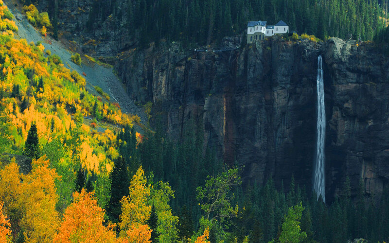 Cliffside House with Waterfall — Green