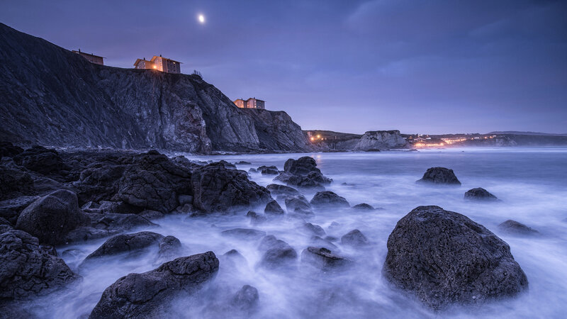 Cliffside Houses at Dusk — Blue