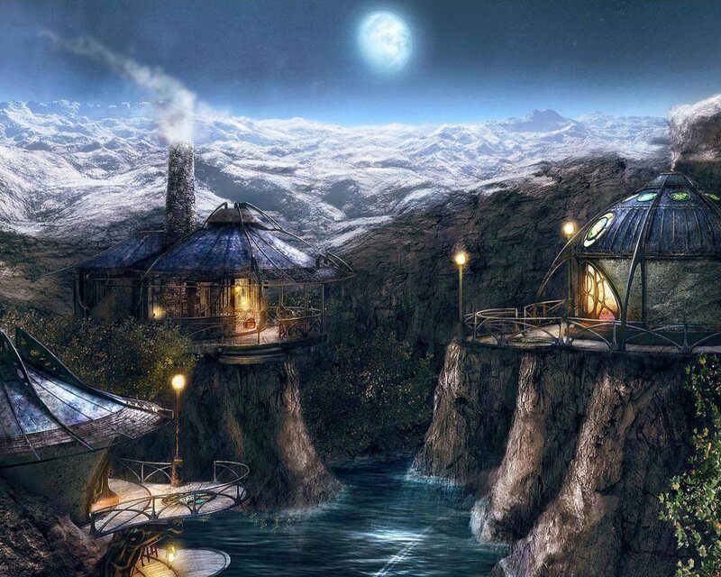 Cliffside Houses at Night
