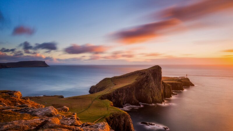 Cliffside Lighthouse at Sunset — Blue, Serene, Photograph