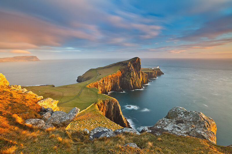 Cliffside Lighthouse at Sunset — Blue