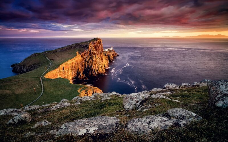 Cliffside Lighthouse at Sunset — Purple, Dramatic