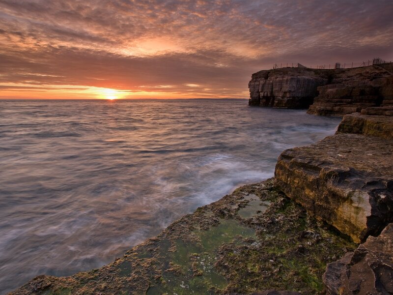 Cliffside Ocean Sunset — Orange, Dramatic, Photograph, Sky, Rocks
