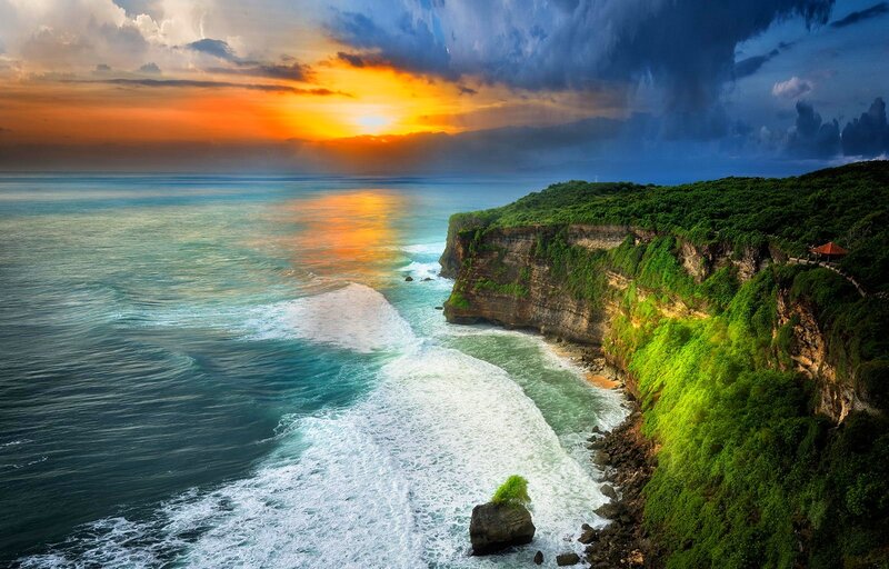 Cliffside Ocean Sunset — Orange, Dramatic, Photograph