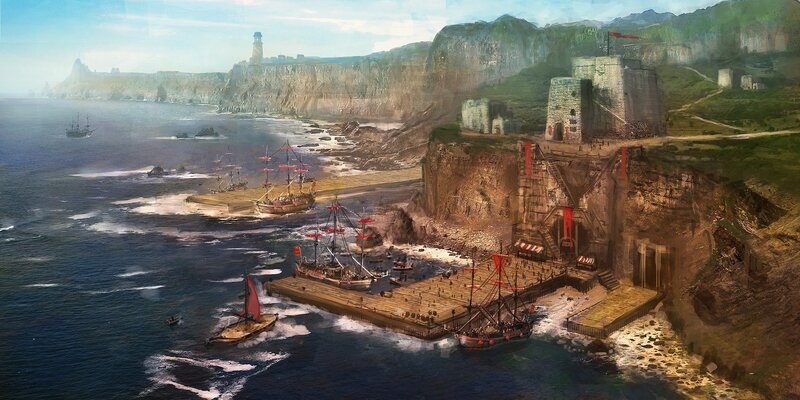 Cliffside Port with Ships