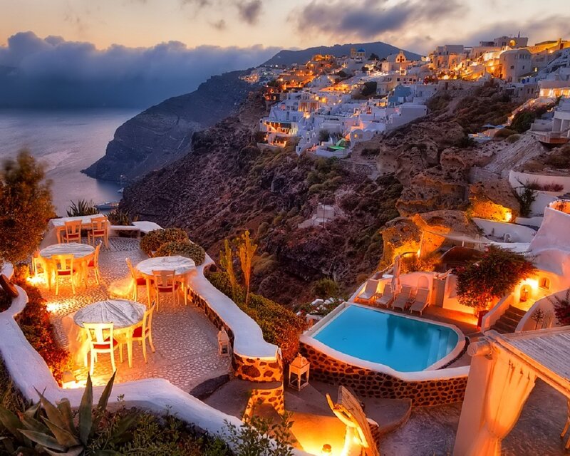 Cliffside Resort at Dusk — White, Serene, Sunset