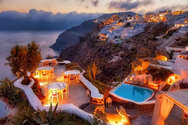 Cliffside Resort at Dusk — White, Serene