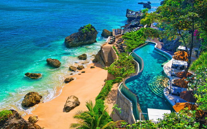Cliffside Resort Pool — Blue, Serene, Afternoon, Photograph